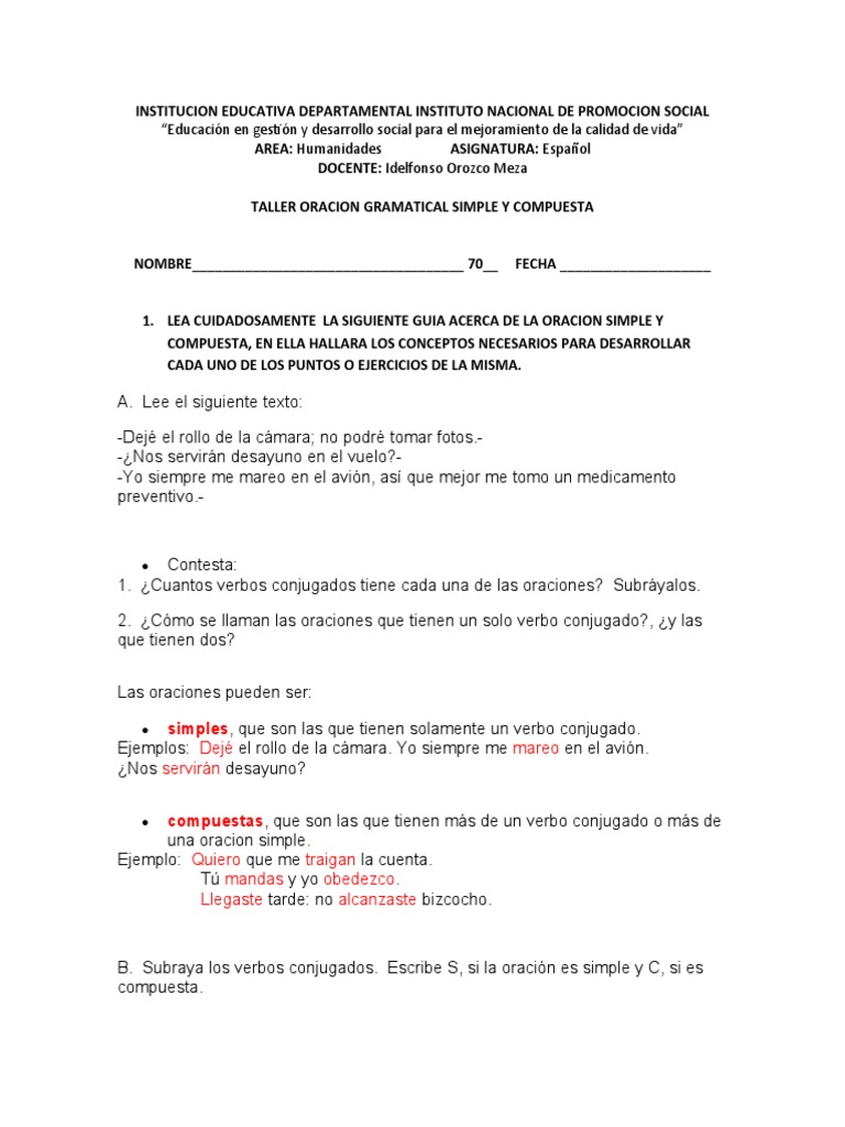 Taller de Oraciones Simples y Compuestas | PDF | Oración | Verbo