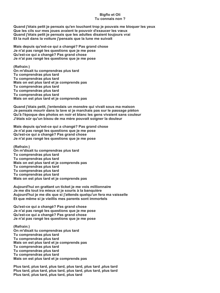 Sur La Lune Bigflo Et Oli Paroles Bigflo Et Oli "Plus Tard" | PDF