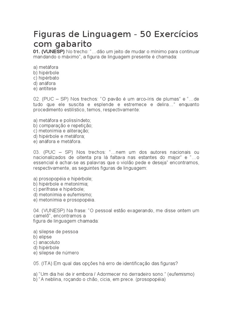 Figuras de Linguagem - Exercícicos Com Gabarito | PDF | Metáfora | Retórica