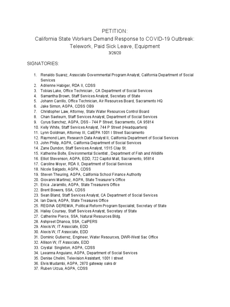 Ca State Worker Covid Petition Signatories PDF Department Of Motor