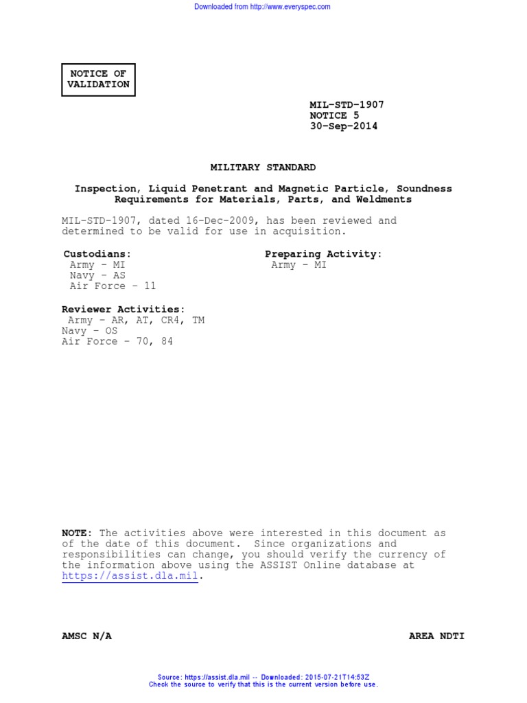 Validation Notice for MIL-STD-1907, Inspection, Liquid Penetrant and ...