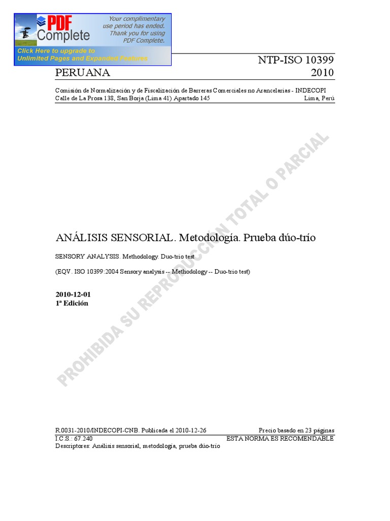 NTP ISO 10399 - Análisis Sensorial. Prueba Duo Trio | PDF | Juez ...