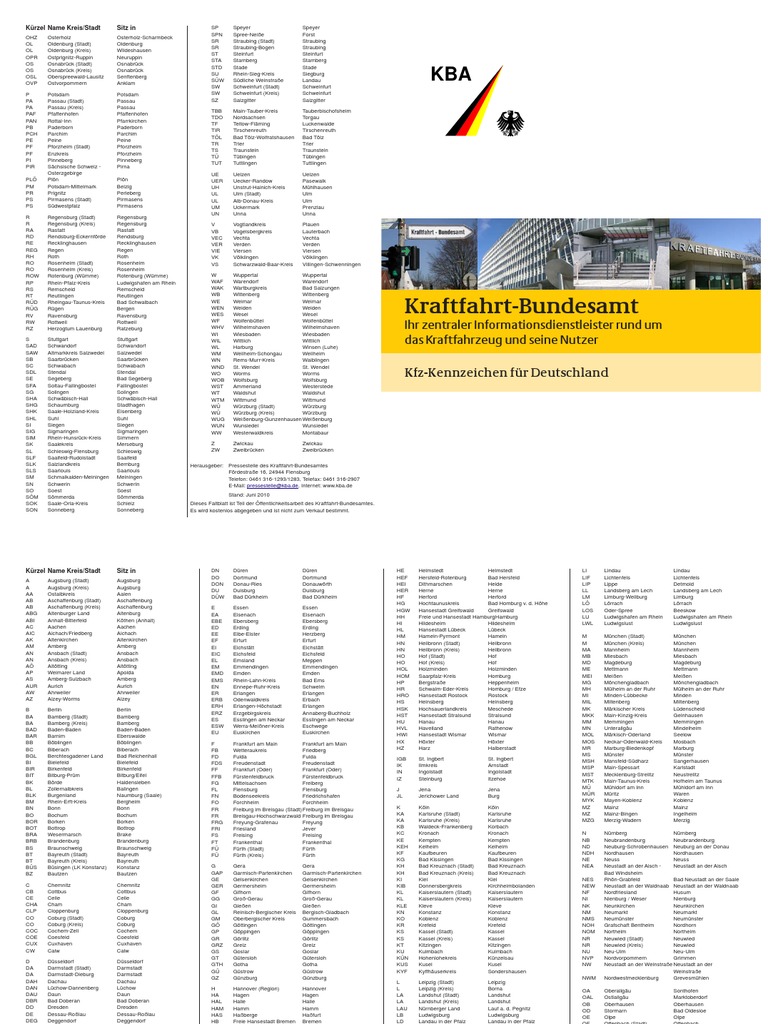Kfz Kennzeichenliste Faltblatt PDF