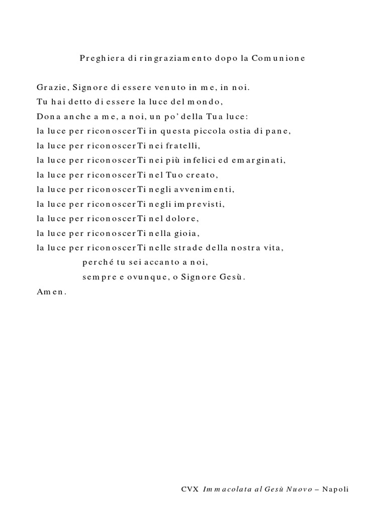 Preghiera Di Ringraziamento Dopo La Comunione Preghiera Di Ringraziamento Dopo La Comunione PDF | PDF