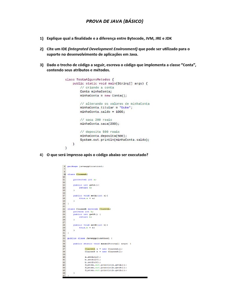 Prova de Java: Conceitos e Código | PDF