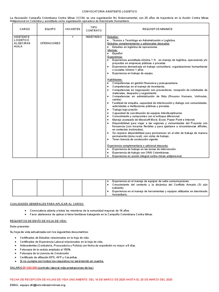Convocatoria Asistente Logístico | PDF | Logística | Organización no ...