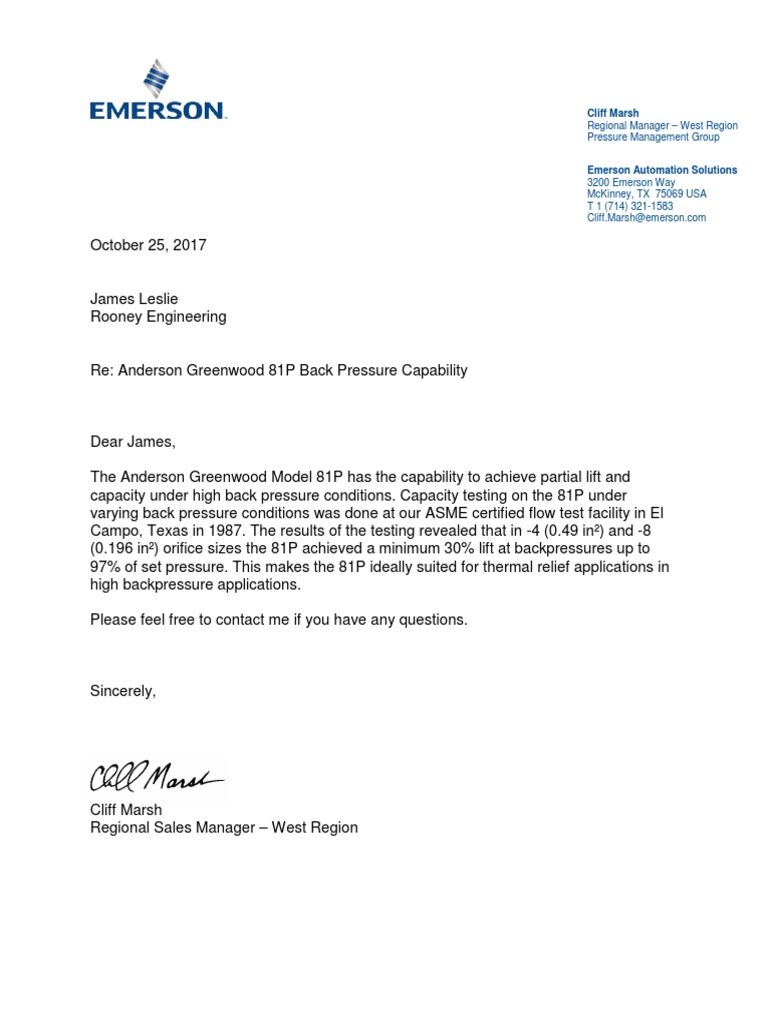 Emerson-Anderson Greenwood 81P Backpressure Capability Letter PDF | PDF