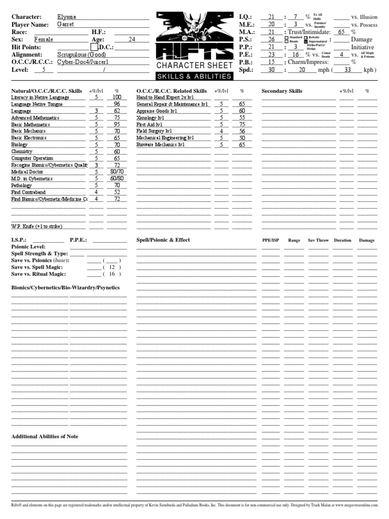 Rifts Character Sheet Fillable PDF | PDF | Doctor Of Medicine | Nature