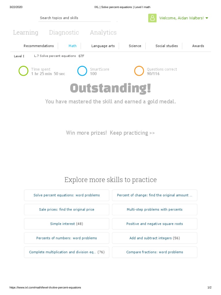 IXL - Solve Percent Equations - Level I Math | PDF | Teaching ...