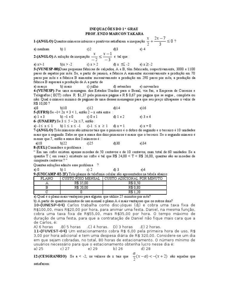 Exercícios de Inequações do 1° Grau | PDF | Ensino de Matemática | Science