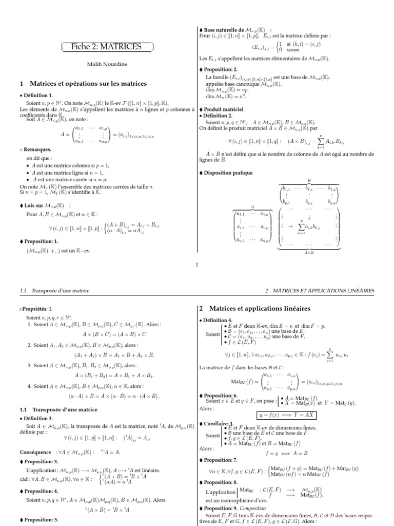 Cours Complet sur les Matrices | PDF | Matrice (Mathématiques ...
