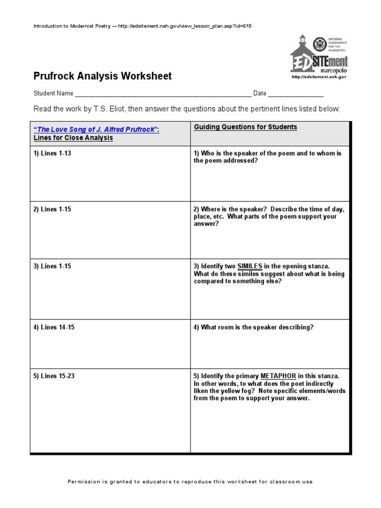 Prufrock Analysis Worksheet Answers
