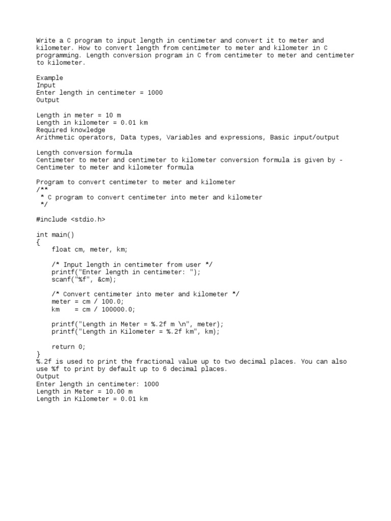 C program to convert cm to m and km | PDF