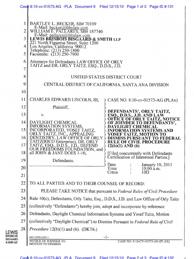 LINCOLN V DAYLIGHT CHEMICAL, Et Al. JOINDER in First MOTION To Dismiss Case 031111414543.9.0
