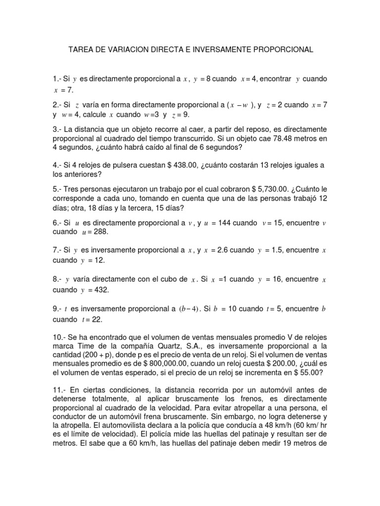 Tarea de Variacion Directamente e Inversamente Proporcional | PDF ...