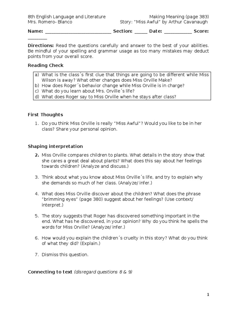 Miss Awful Making Meaning Questions Page 383 | PDF | Reading ...