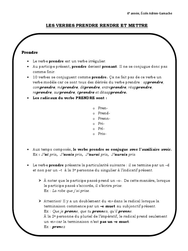 Conjugaison des verbes prendre, rendre, mettre | PDF | Onomastique ...