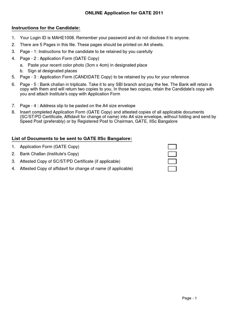 GATE 2011 Application Document Checklist | PDF | Signature | Business