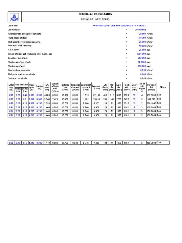 Lintel Beam Design Calculations | PDF | Beam (Structure) | Building ...