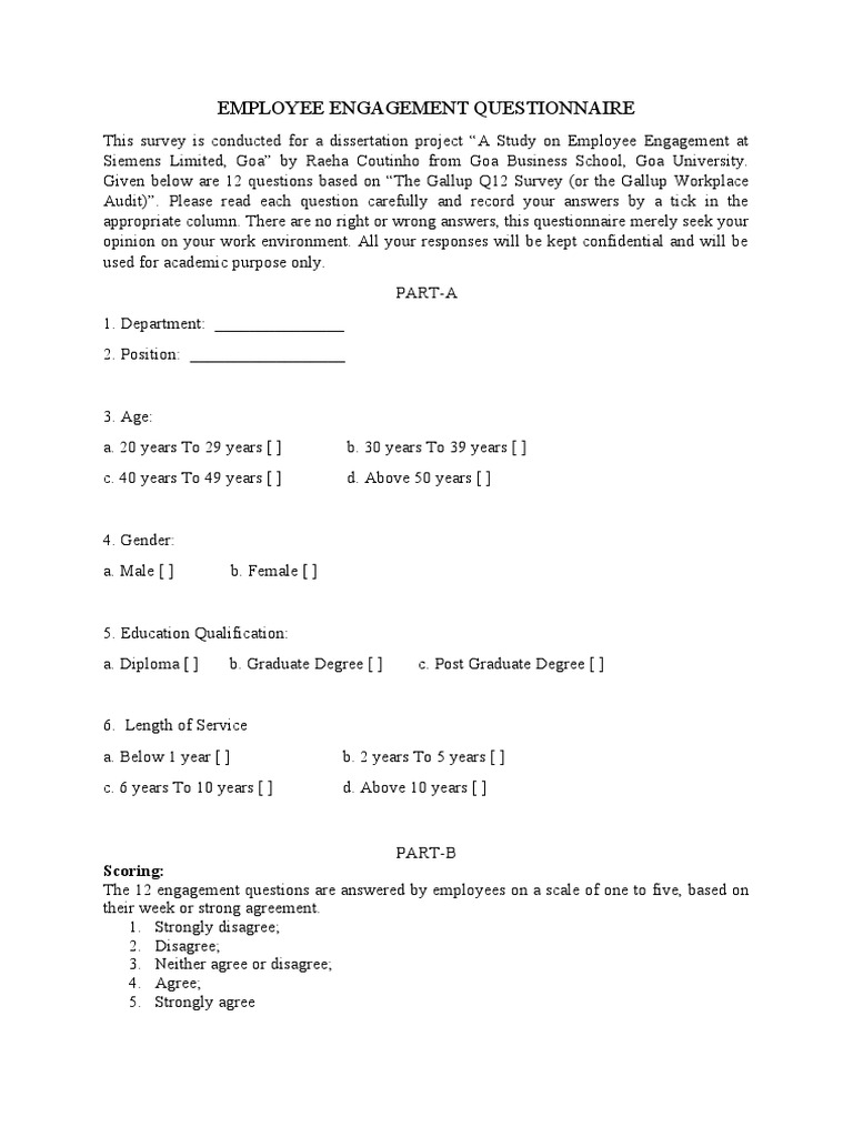 The Gallup Q12 Employee Engagement Questionnaire PDF Questionnaire