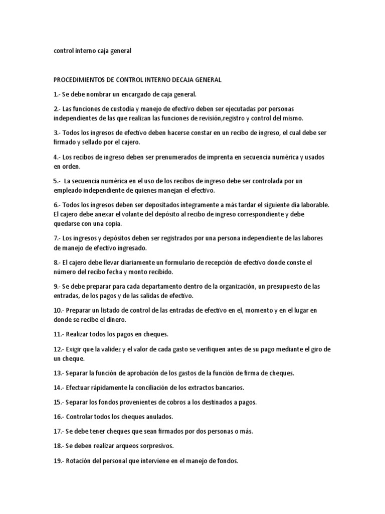Procedimientos de Control Interno en Caja General | PDF
