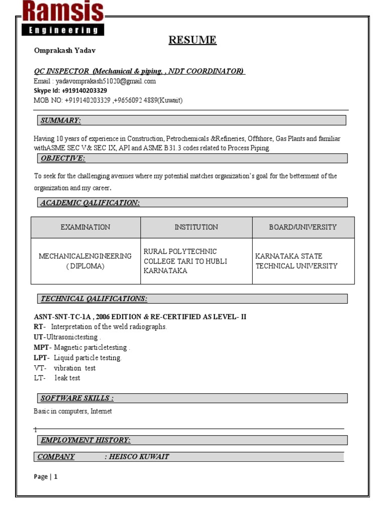 piping qc inspector resume 2020 Pipe (Fluid Conveyance