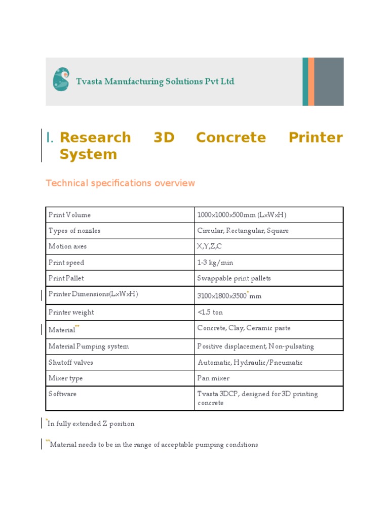 Tvasta 3D Concrete Printer Specifications | PDF | 3 D Printing | Pump