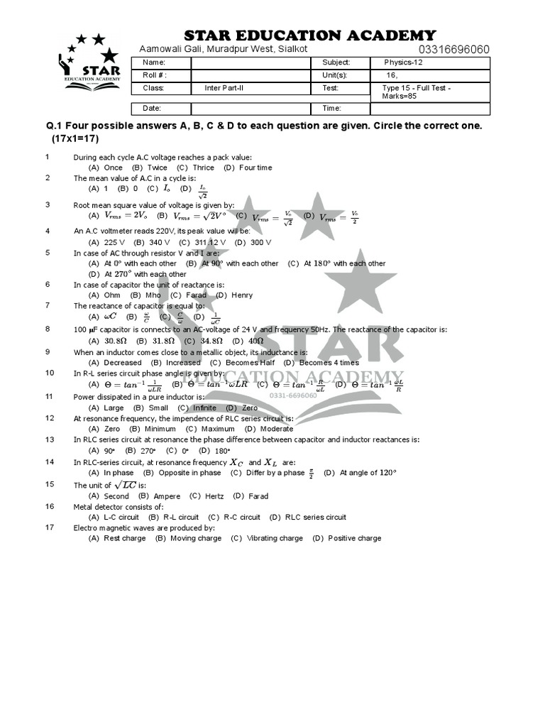 Class 12 Physics AC Short Questions | PDF | Inductor | Electrical Impedance