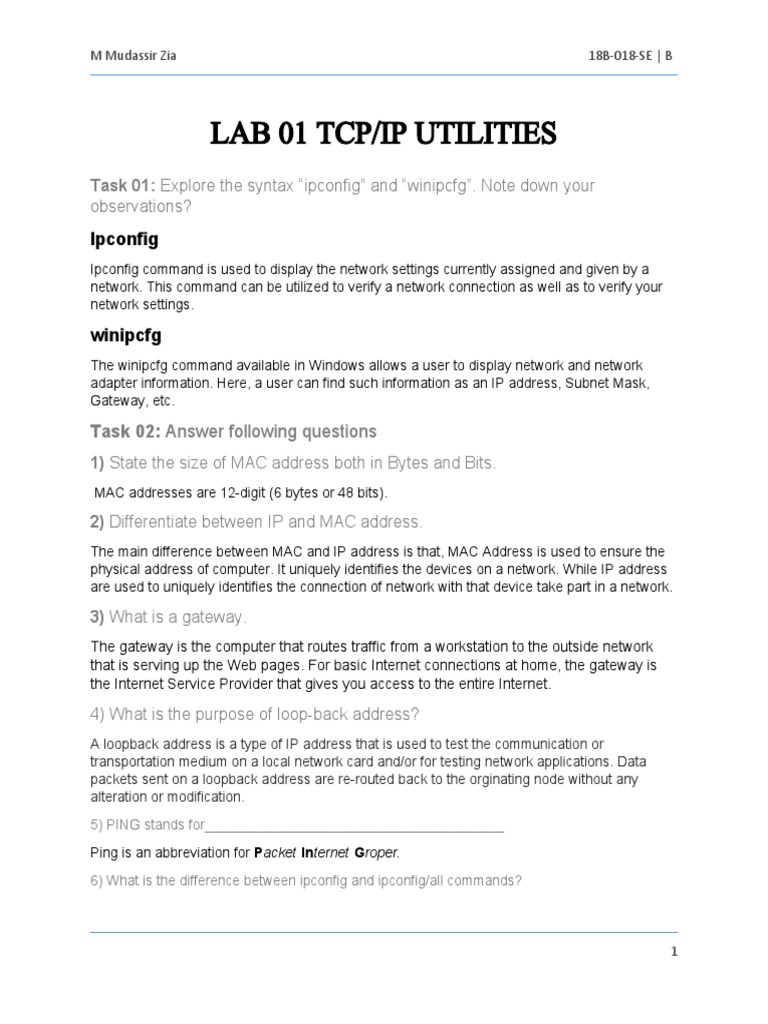 Lab 01 Tcpip Utilities PDF Gateway Computer Network