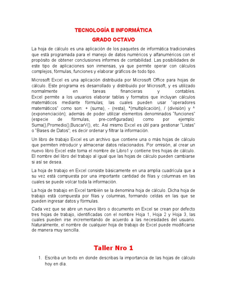 Importancia de Excel en Grado Octavo | PDF | Microsoft Excel | Hoja de ...