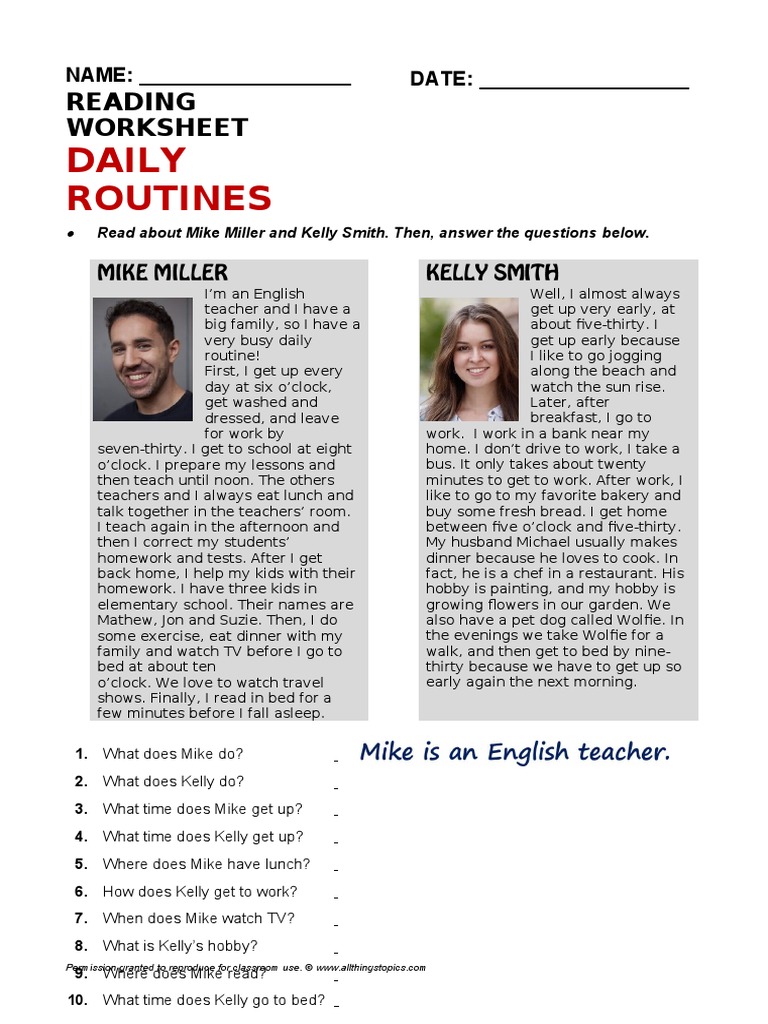 Reading Worksheet Daily Activities | PDF | Behavior Modification | Learning
