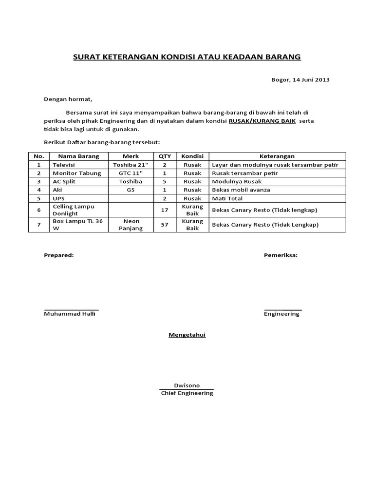 Surat Keterangan Kerusakan Barang Pdf