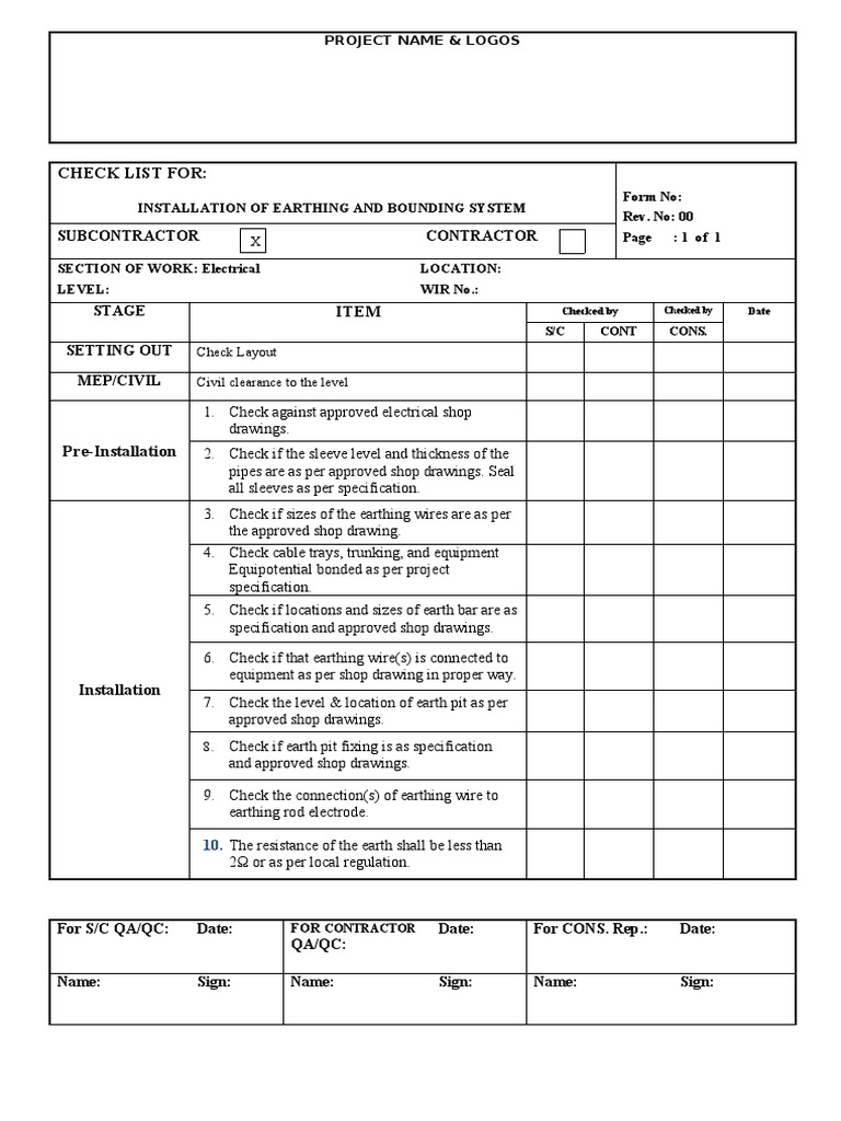 Checklist For Earthing & Bonding System Installation | PDF