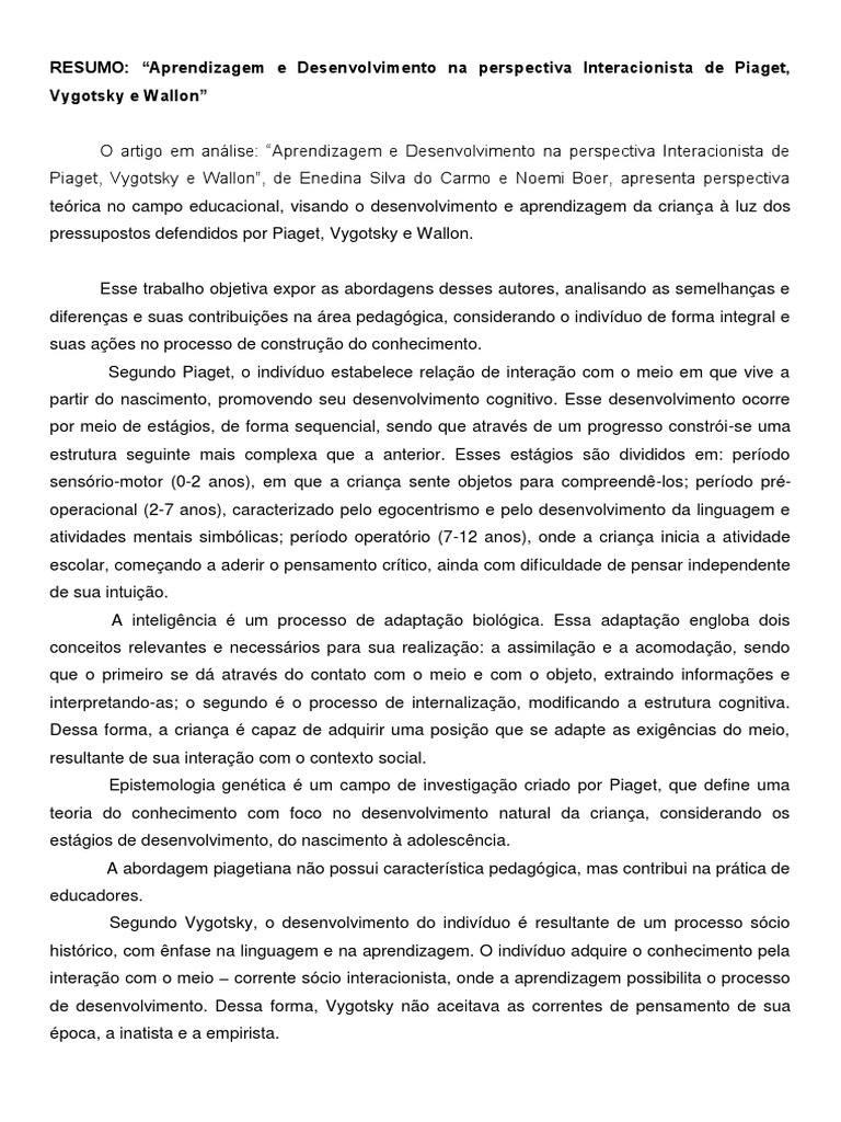 Piaget, Vygotsky e Wallon | PDF | Aprendizado | Pedagogia