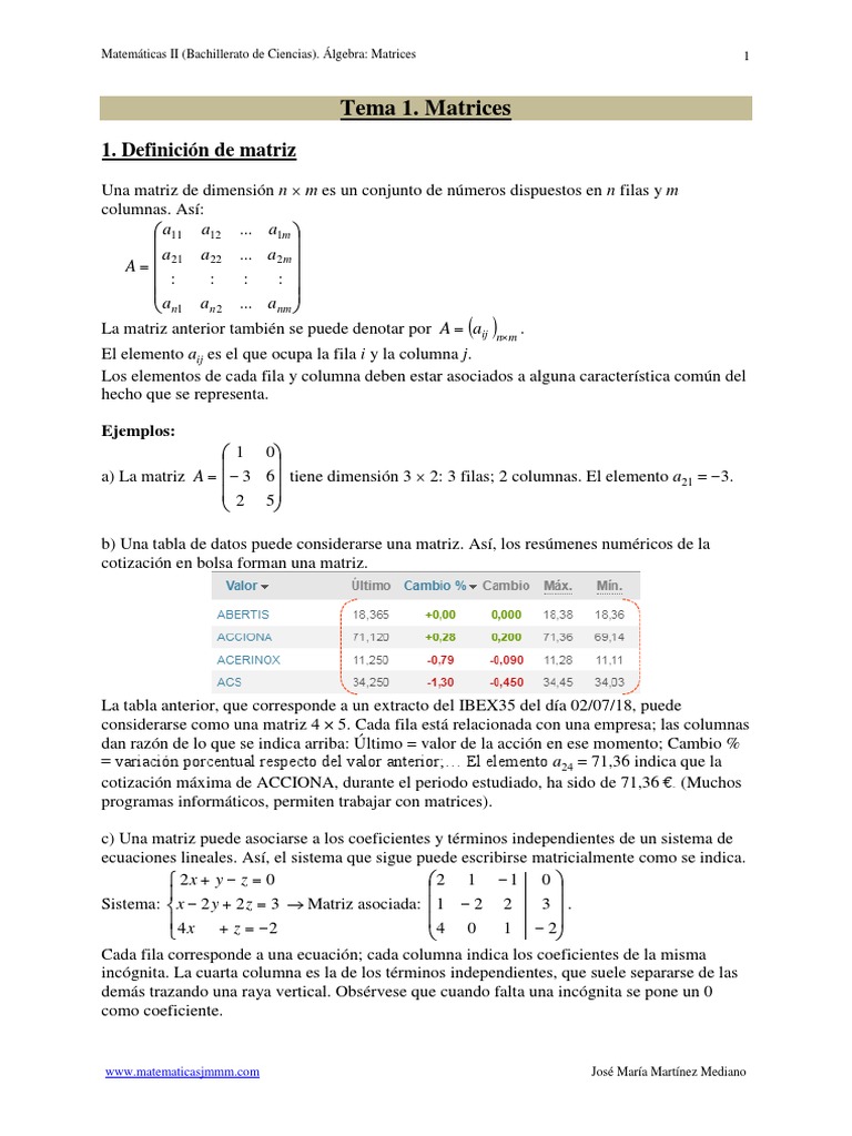 Introducción a las Matrices en Álgebra | PDF | Matriz (Matemáticas ...