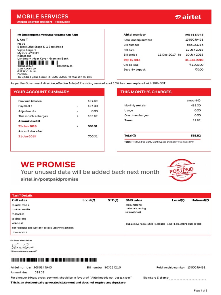 GST Charges on Postpaid Bill | PDF | Cheque | Roaming