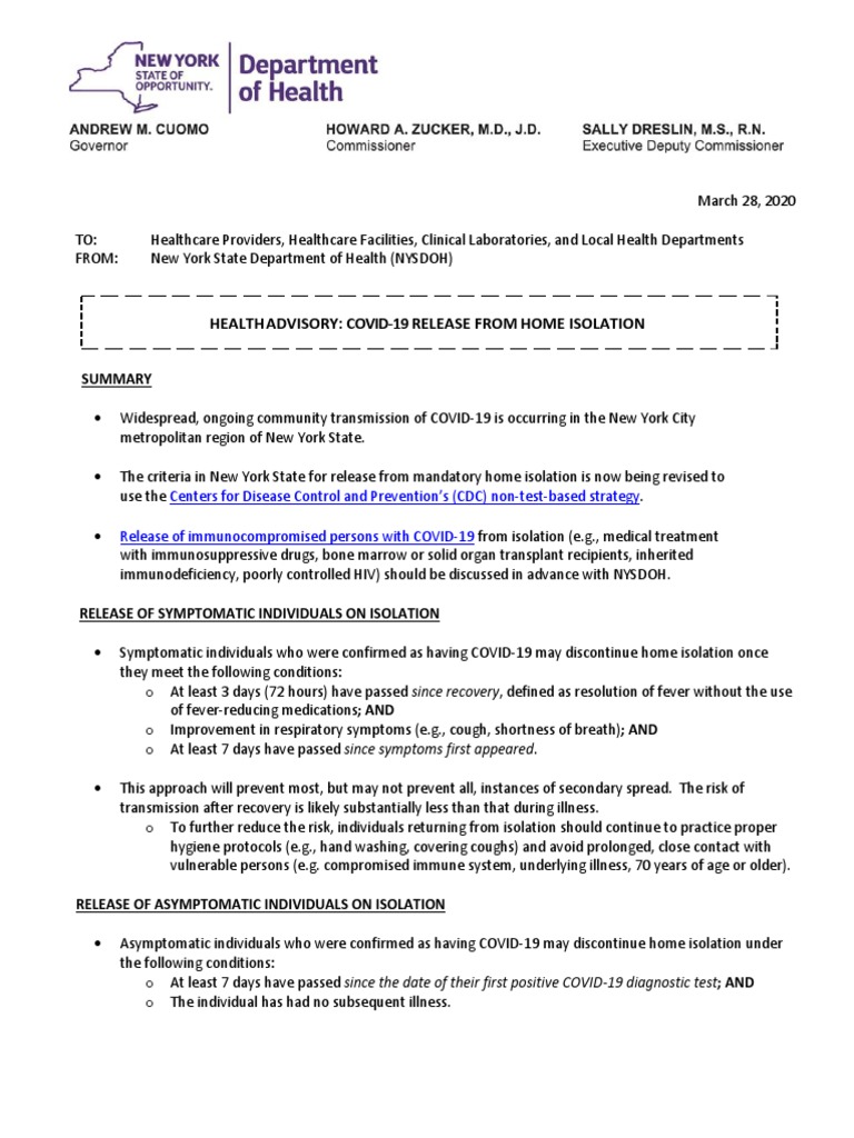 DOH COVID19 DiscontinuationHomeIsolation 032820 | PDF