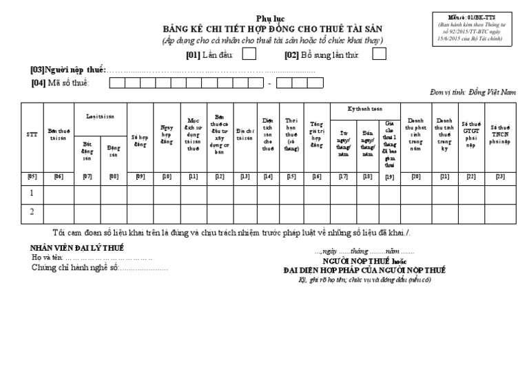 Bang Ke Chi Tiet Hop Dong Cho Thue Tai San 01 1 BK TTS - 0304141936 | PDF