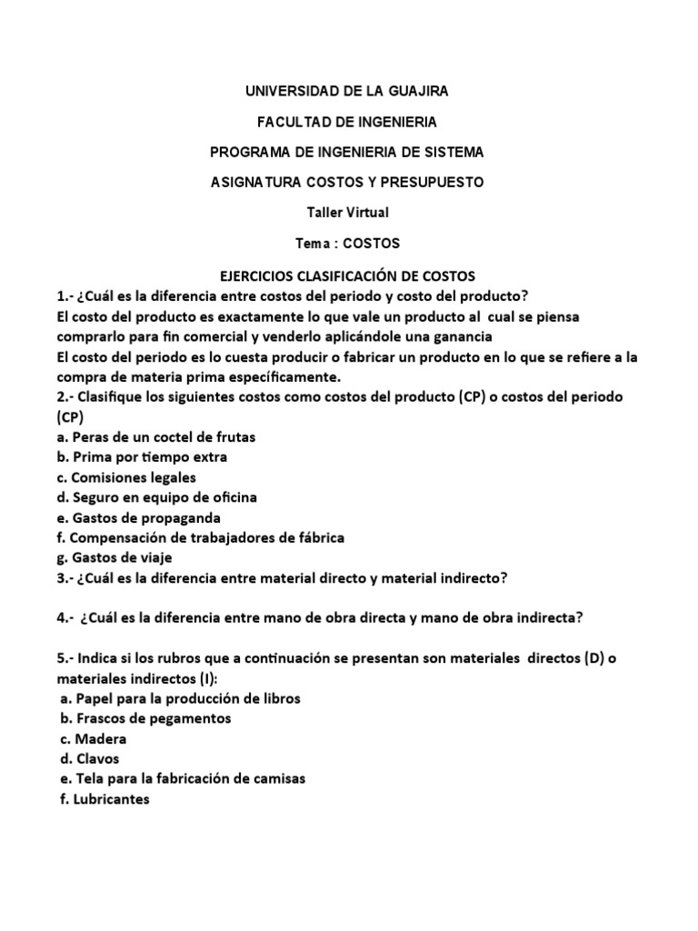 Ejercicios sobre Clasificación de Costos | PDF | Presupuesto | Economias