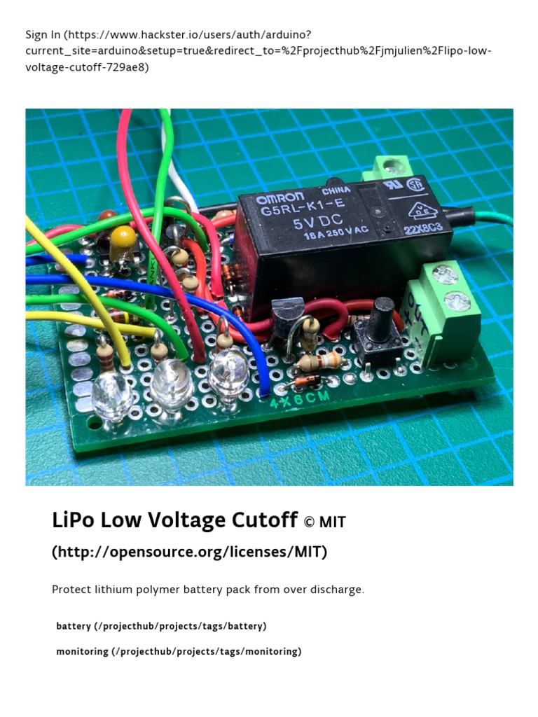 LiPo Low Voltage Cutoff Arduino Project Hub PDF Relay
