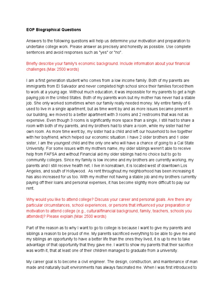Eop Biographical Questions Pdf Sibling Motivation