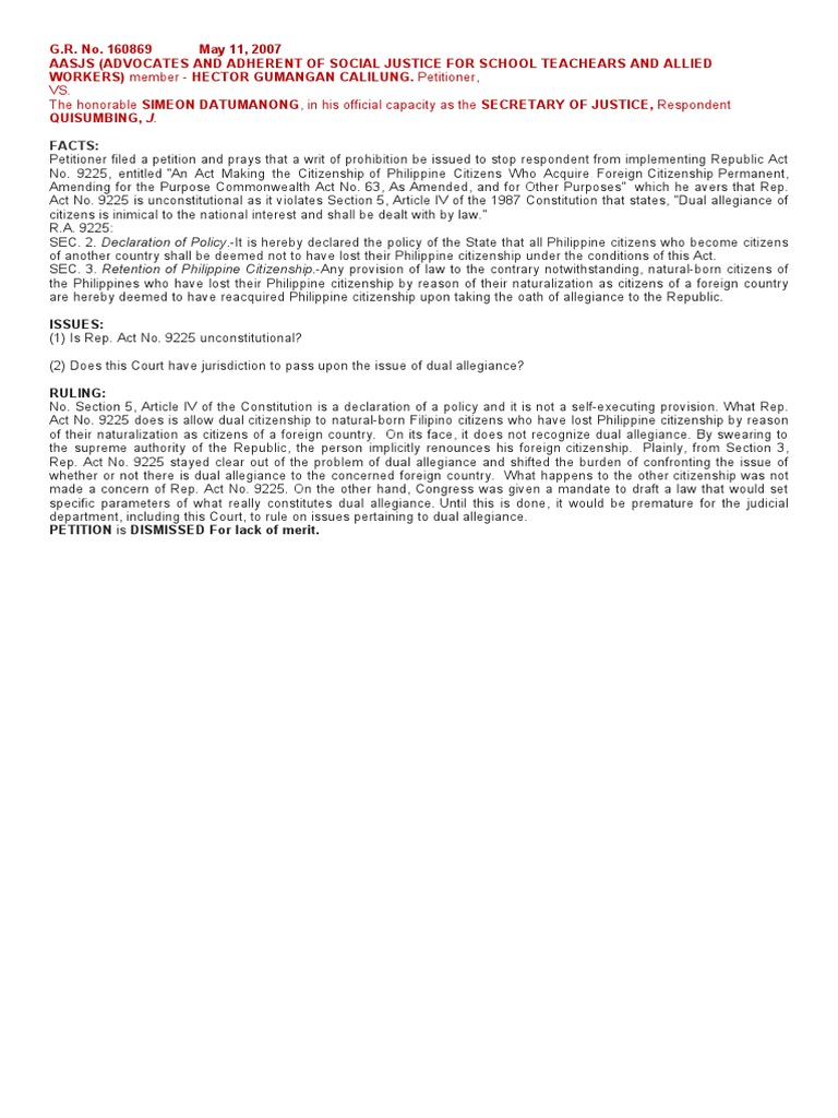 Calilung vs. Secretary of Justice R.A. 9225 | PDF | Citizenship ...