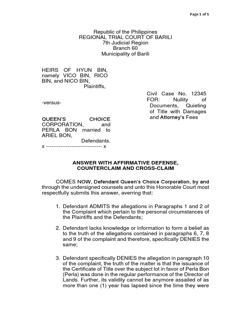 Answer With Affirmative Defense, Counterclaim and CrossClaim Limpangug PDF PDF Lawsuit