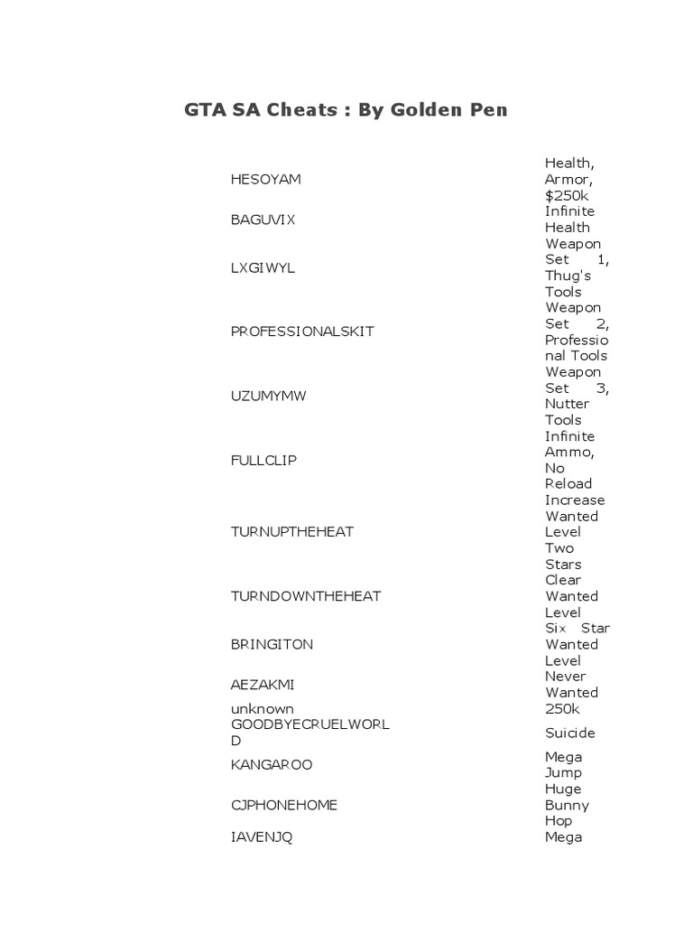 GTA SA Cheats PDF Traffic Vehicles 1