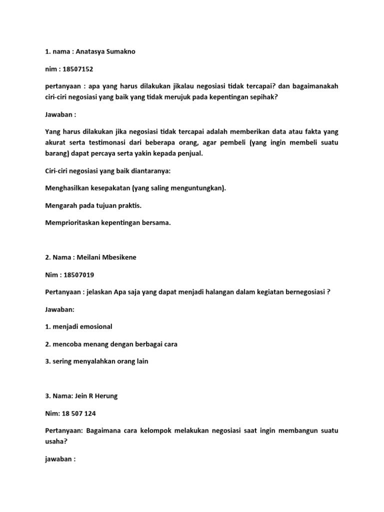 Tugas Pertanyaan Dan Jawaban Materi 3 Komunikasi Bisnis Dan Negosiasi Doc