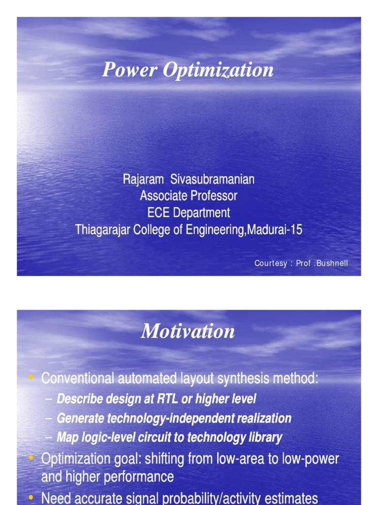 Power Optimization Techniques in VLSI | PDF | Logic Synthesis | Logic Gate