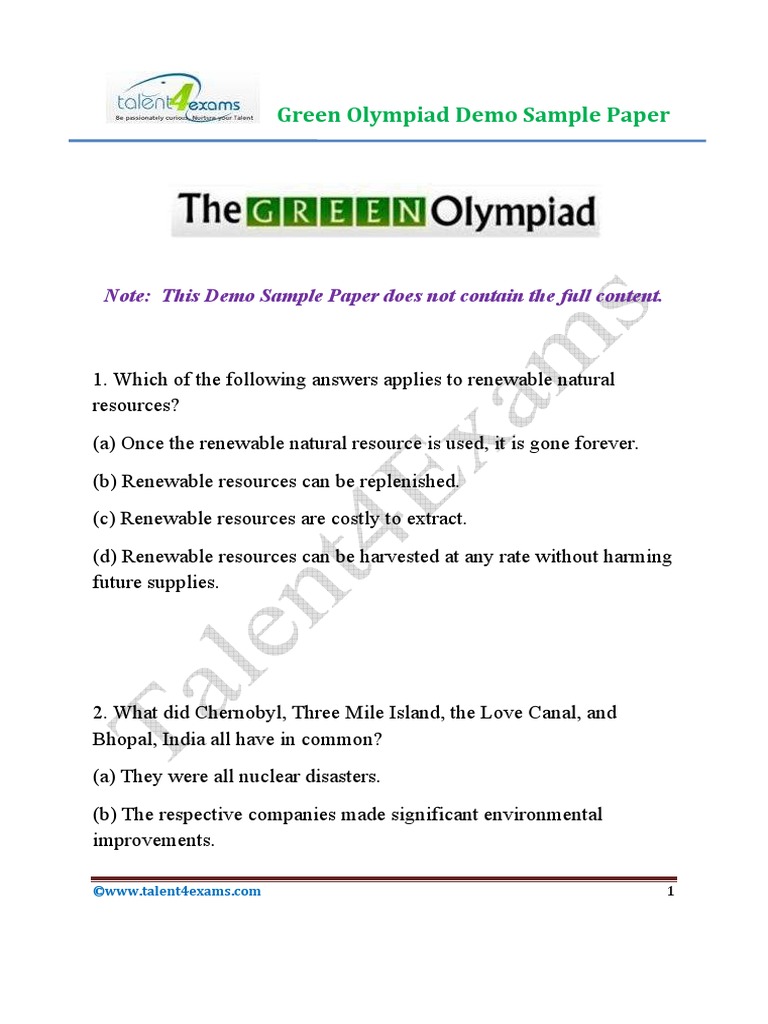 Free Green Olympiad Sample Paper PDF PDF Clean Development