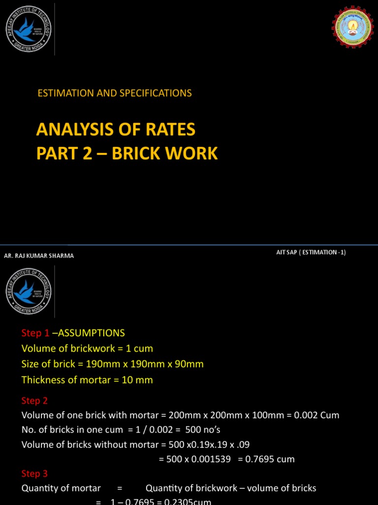 Brickwork Estimation and Costs Analysis | PDF | Mortar (Masonry) | Brick