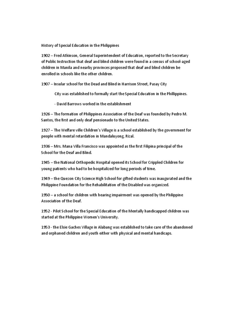Timeline of Special Education in the Philippines | PDF | Social Science