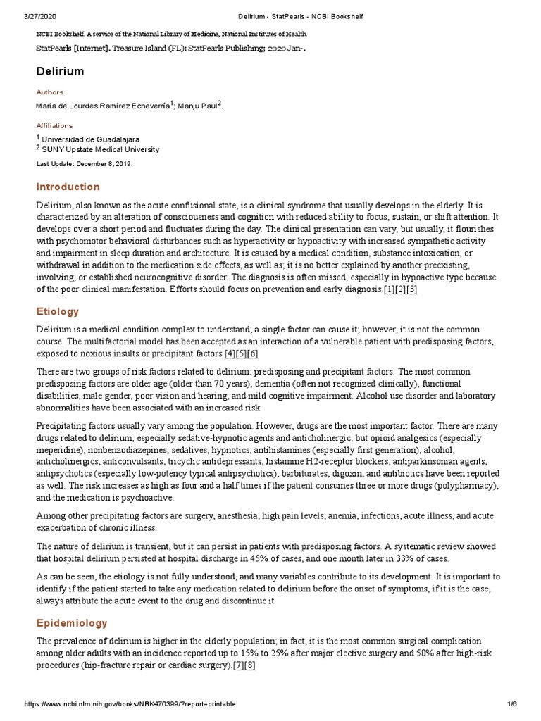 Delirium StatPearls NCBI Bookshelf PDF Acetylcholine Dementia